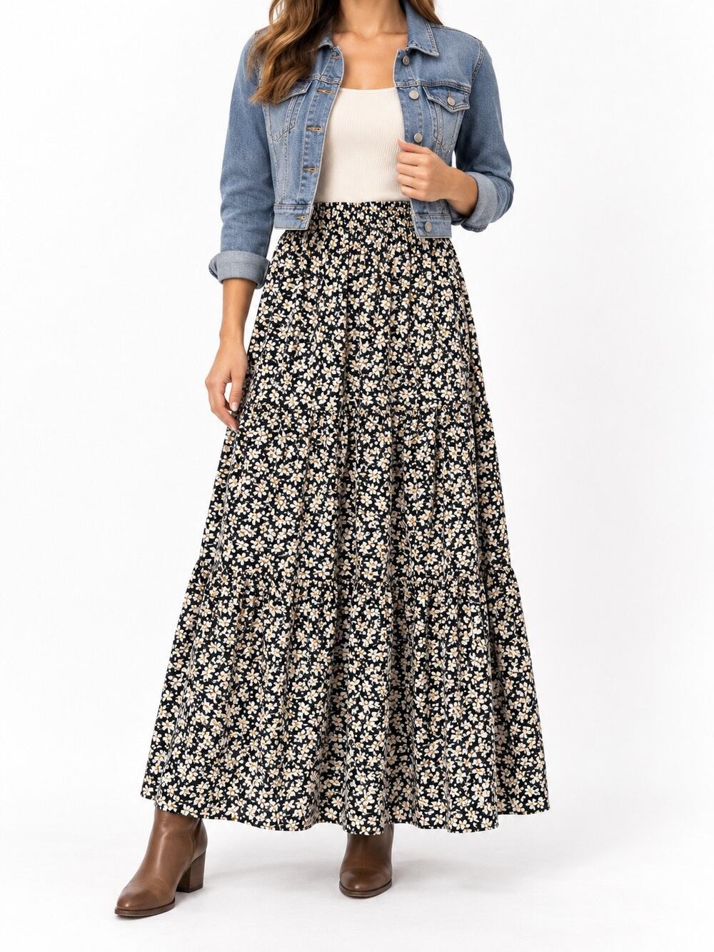 Downeast Black White Ditsy Floral Tiered Maxi Skirt Small Cottagecore Boho